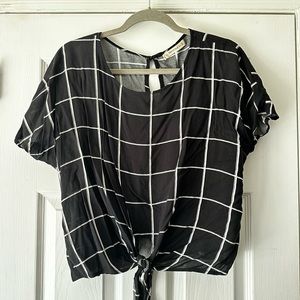 Black and white front tie blouse